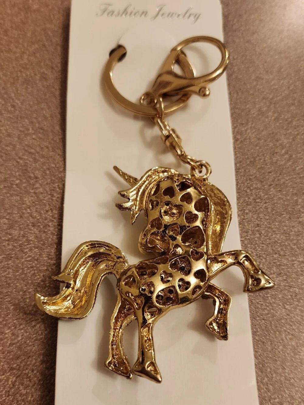 Crystal Encrusted Blingy Rainbow Unicorn Keychain - Gold Tone